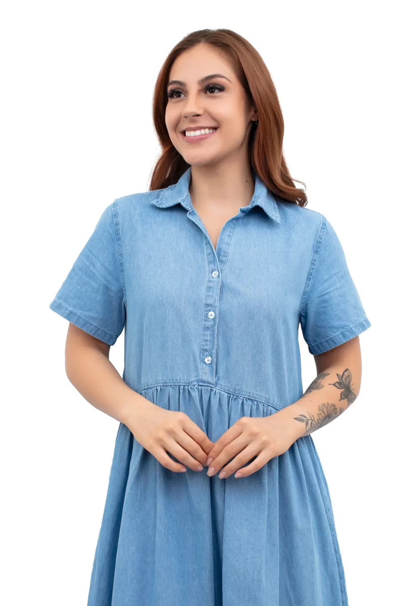 VESTIDO MIDI MARIAS DECOTE V ADULTO SARJA CLARO CAMBOS JEANS