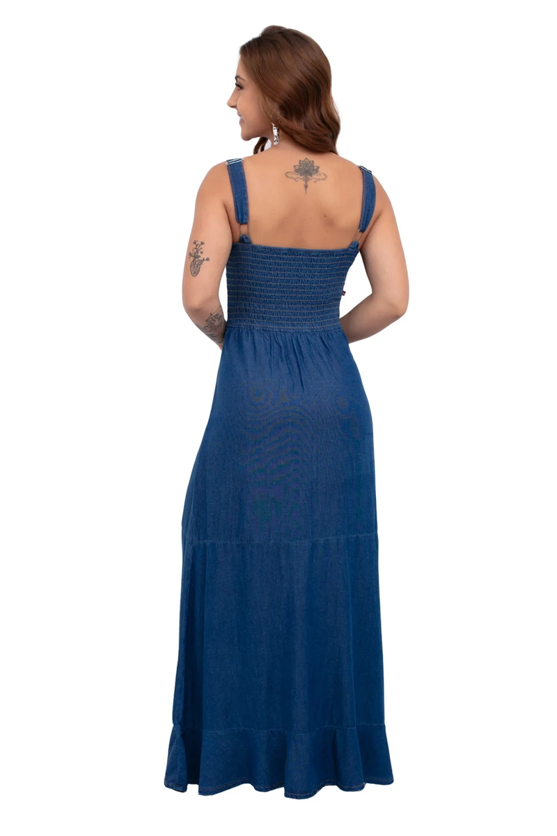 VESTIDO FEMININO LONGO ALÇA GROSSA LASTEX CAMBOS JEANS