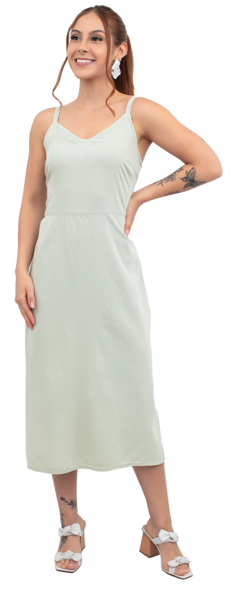 VESTIDO MIDI DECOTE V LASTEX FEMININO ALÇA CAMBOS JEANS