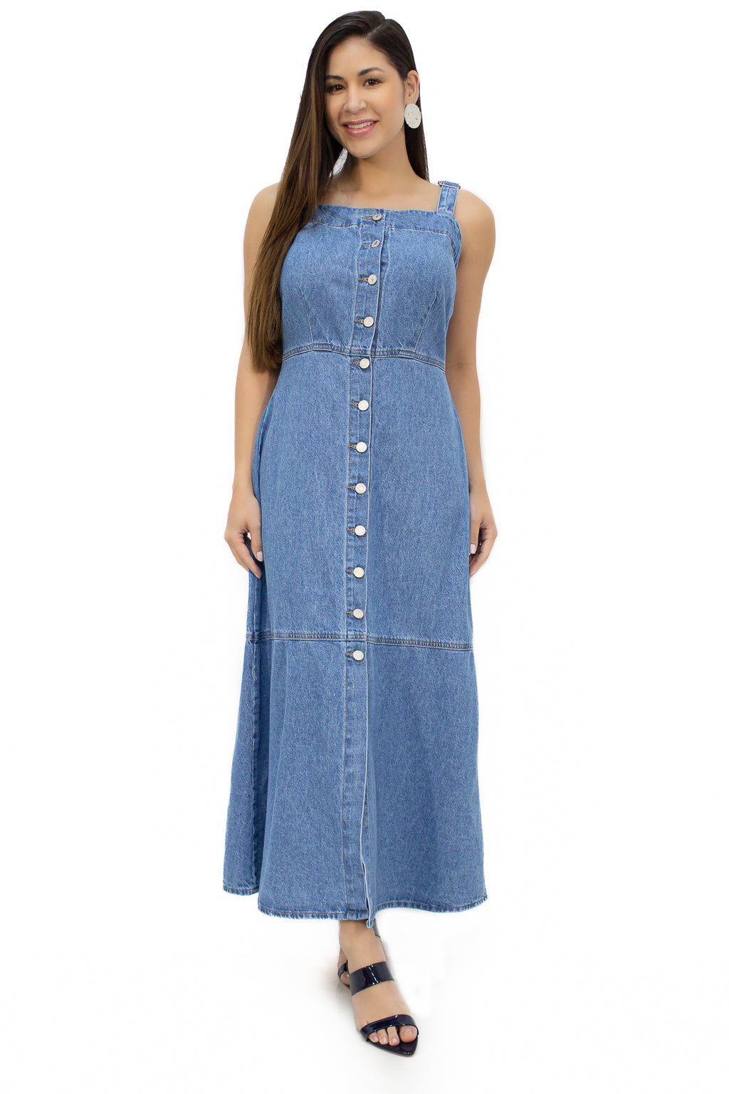 Vestido Jeans Longo com Botões Frontais