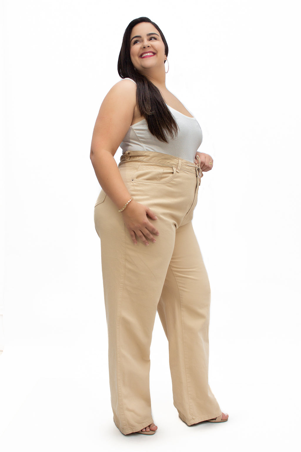 Calça Feminina Plus Size Wide Leg Slim com Cordão no Cós