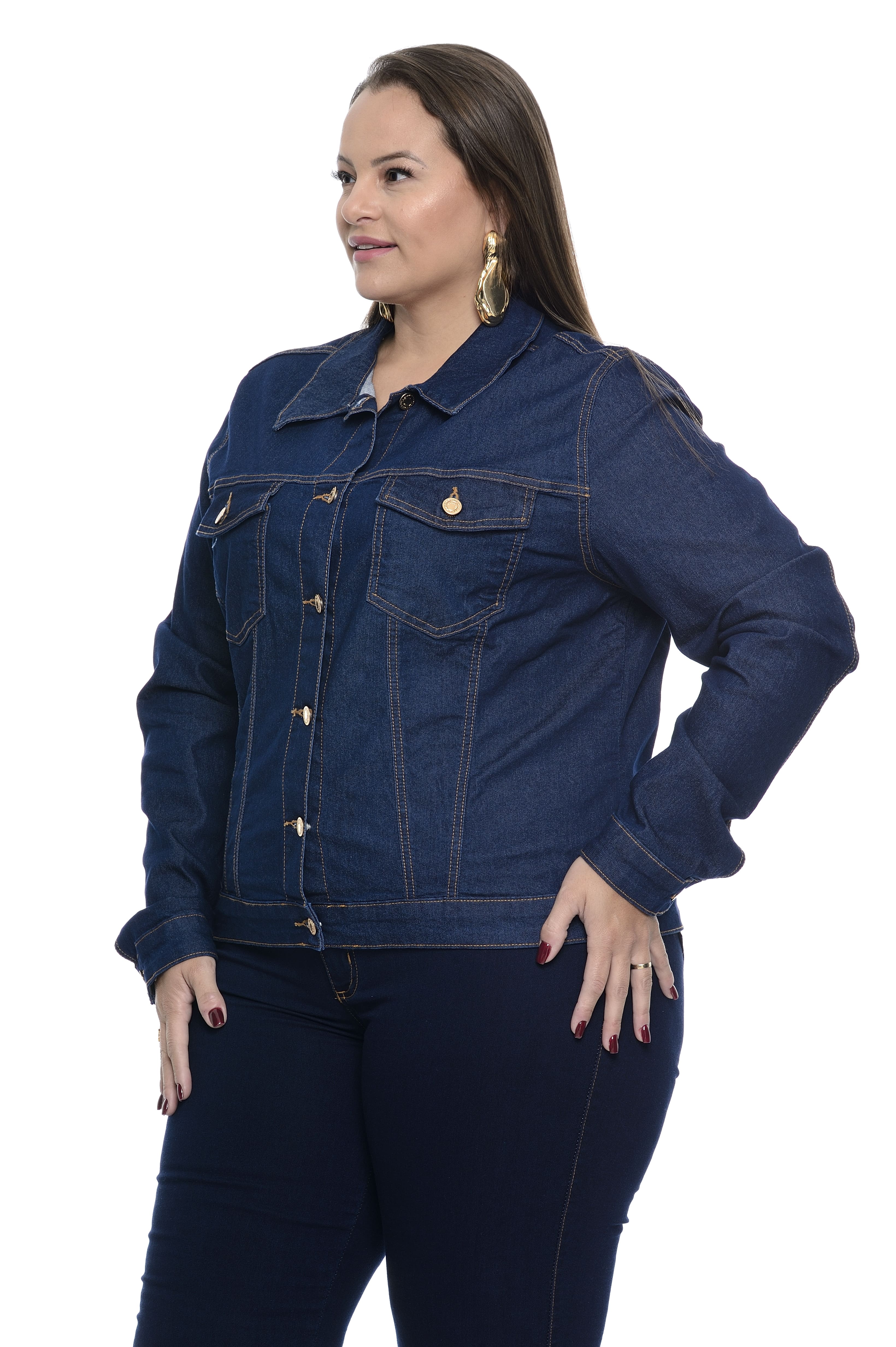 Jaqueta Feminina Plus Tradicional Com Botoes Jeans Cambos