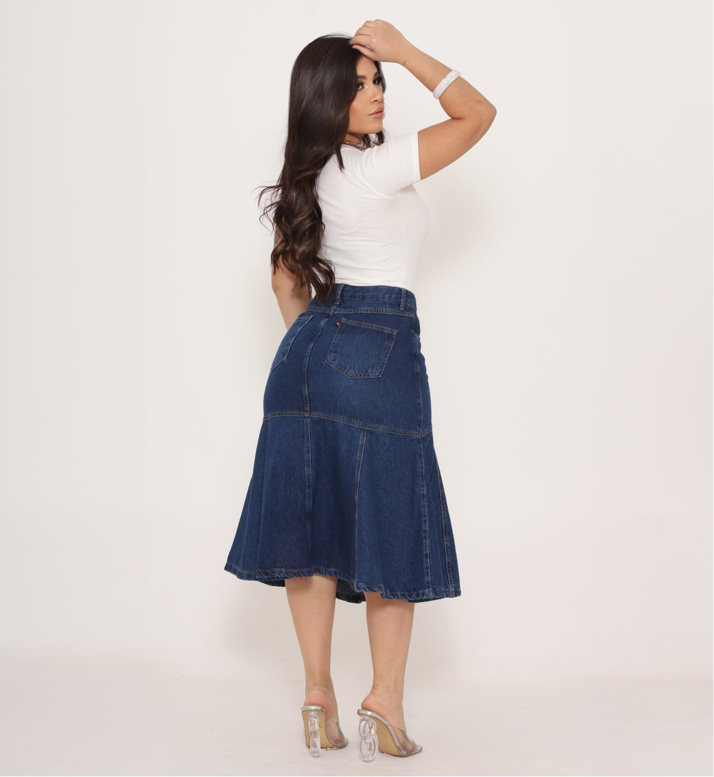 Saia Jeans Midi Evase com Recortes