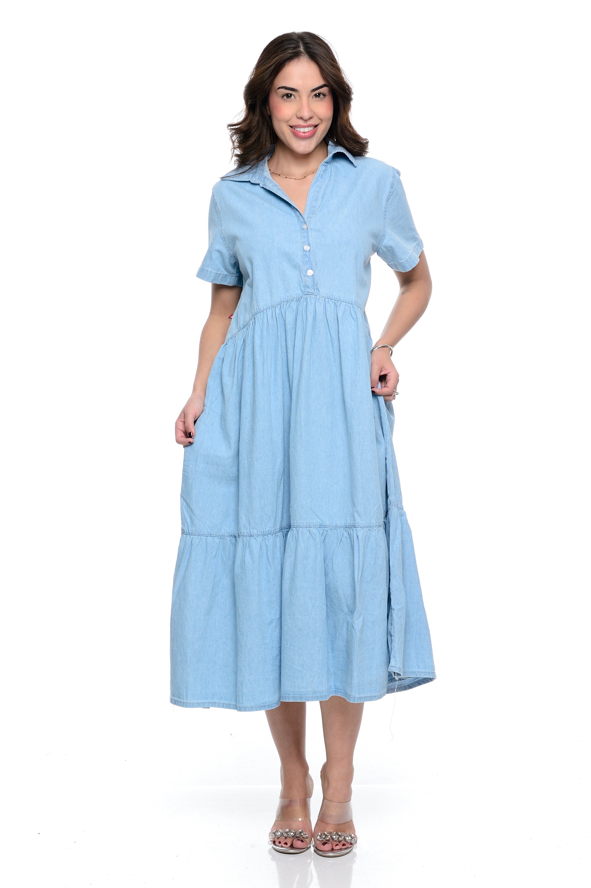 Vestido Midi Marias Decote V Jeans Claro Cambos Casual Botão