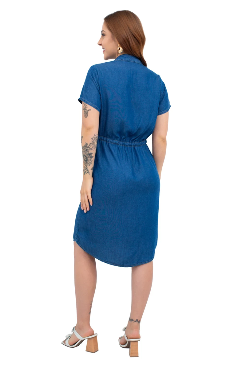 Vestido Curto Em Tencel Canaleta Regulável Botões - Cambos