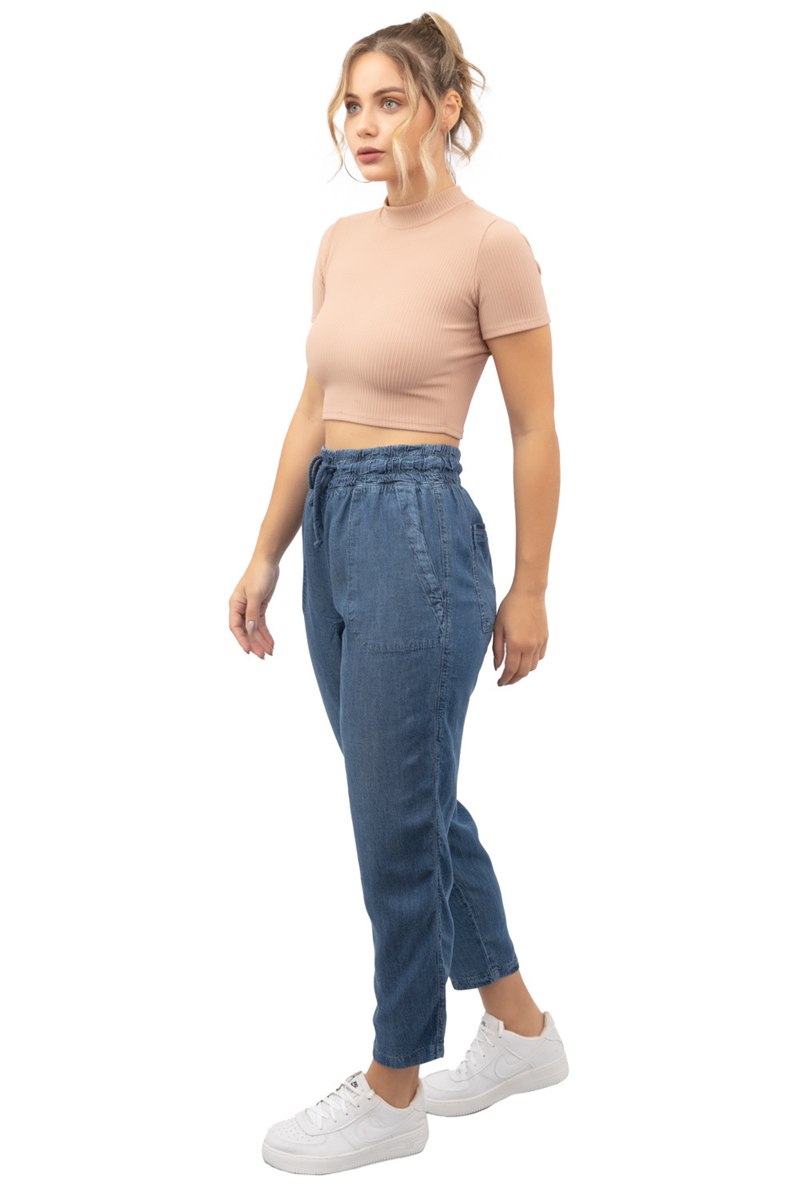 CALÇA JEANS JOGGER CÓS ELÁSTICO CORDÃO FEMININA