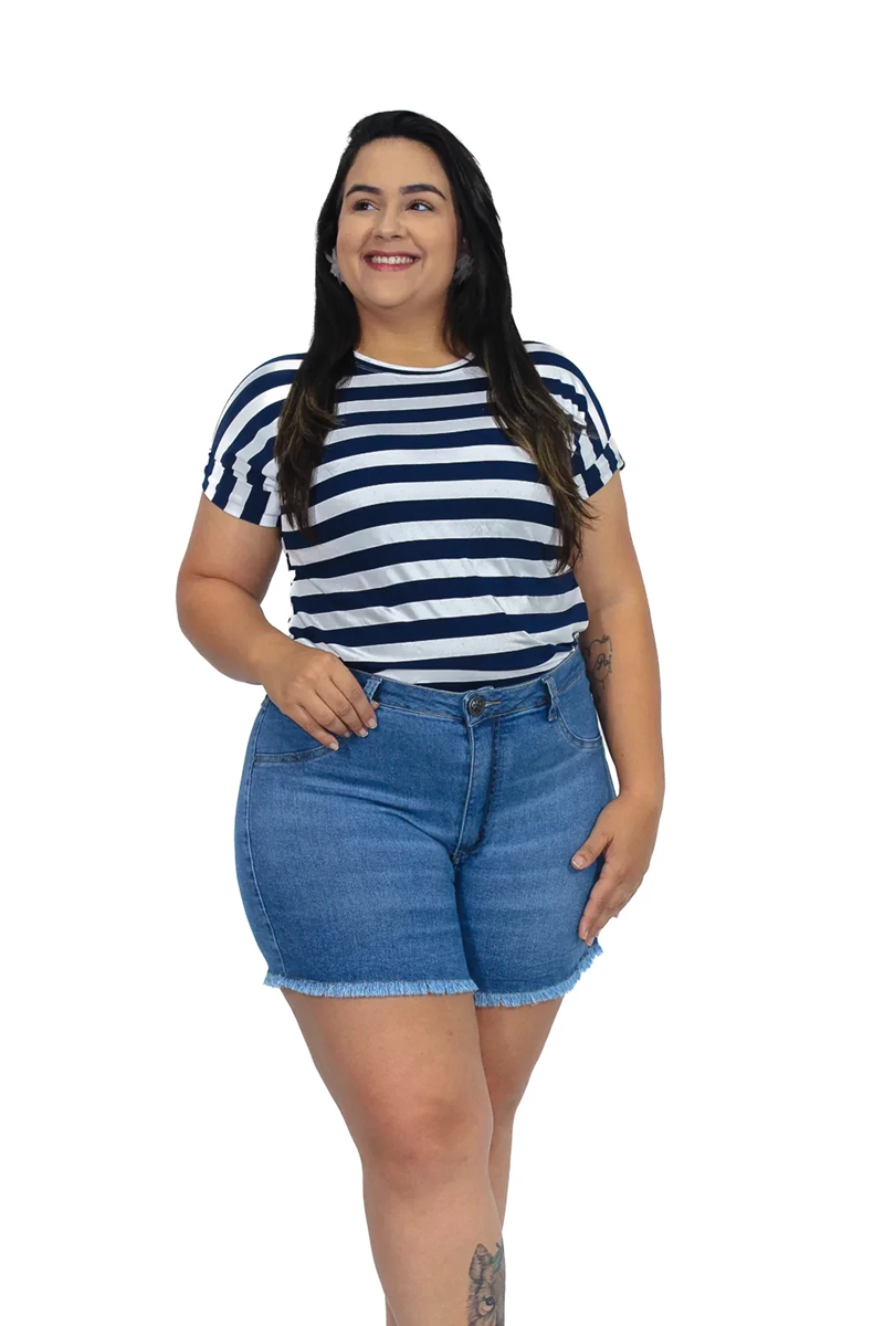 SHORTS JEANS PLUS SIZE BÁSICO LISO BARRA DESFIADA FEMININO