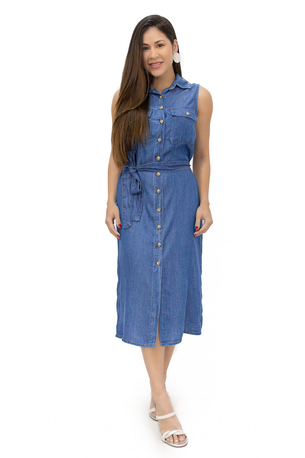 Vestido Jeans Midi com Cinto