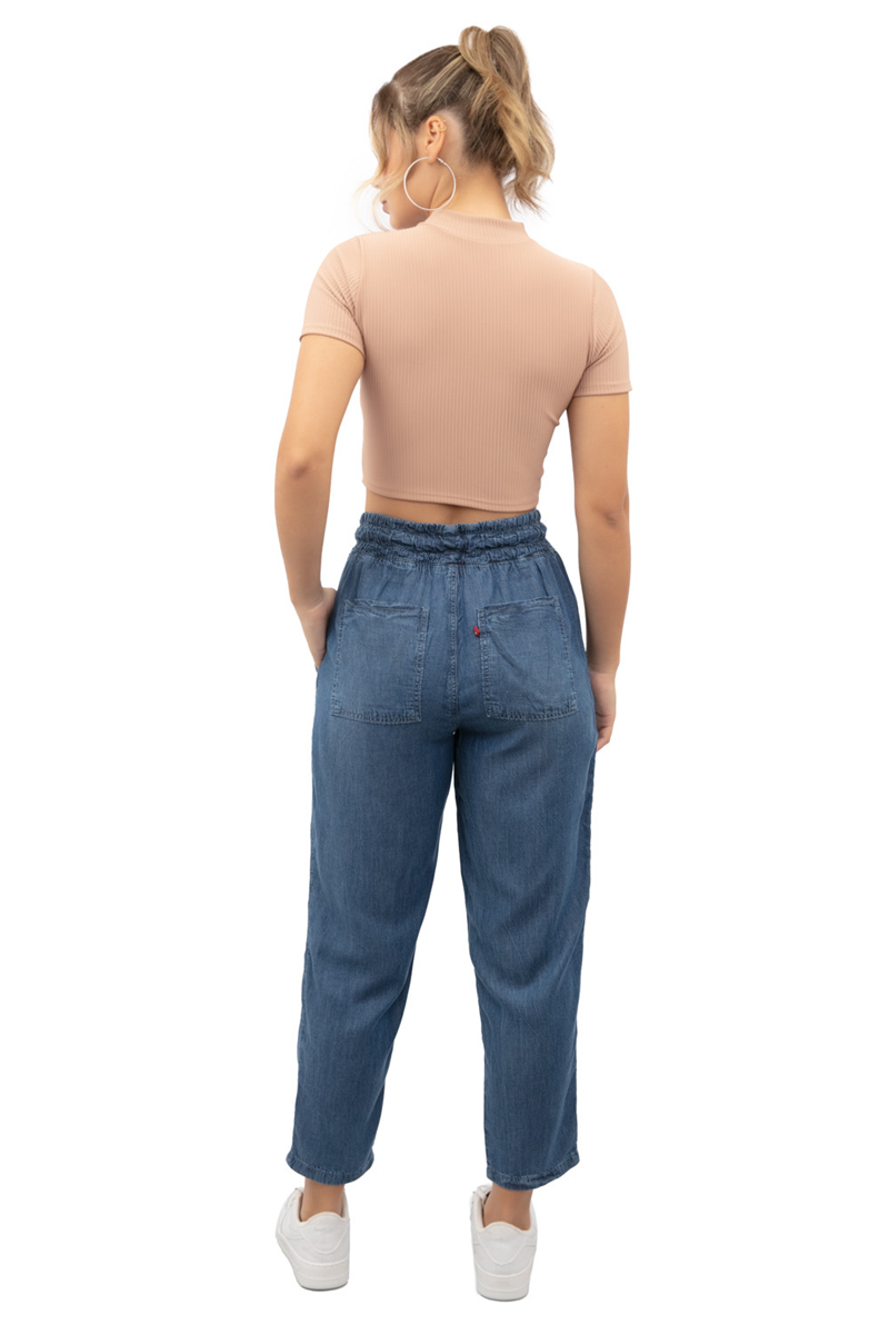 CALÇA JEANS JOGGER CÓS ELÁSTICO CORDÃO FEMININA
