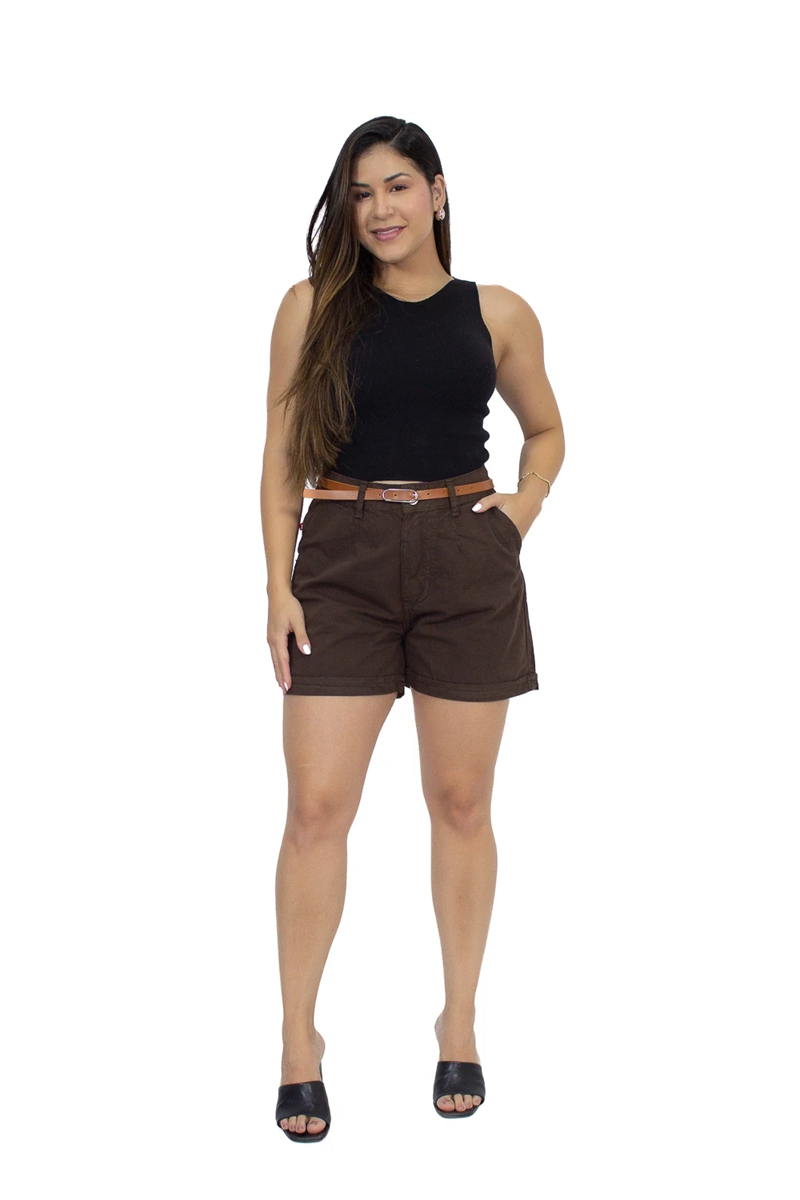SHORTS FEMININO CURTO SARJA RETO COM CINTO E BOLSOS