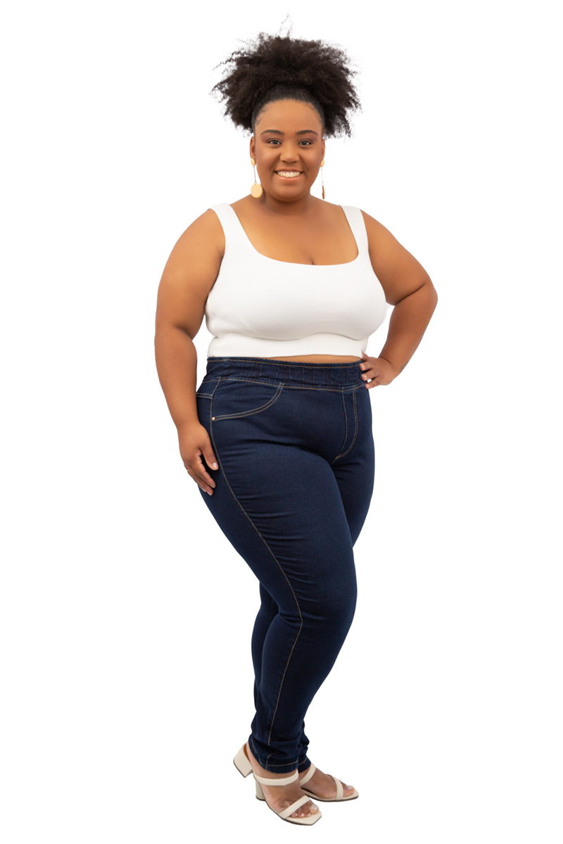 CALÇA JEGGING JEANS BÁSICA CINTURA ALTA FEMININA PLUS SIZE