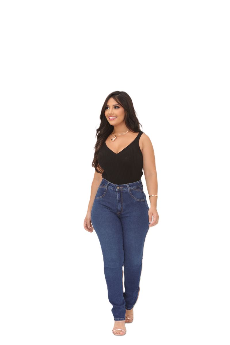 Calça Jeans Reta Lycra Feminina Recorte Cintura Alta Bolsos