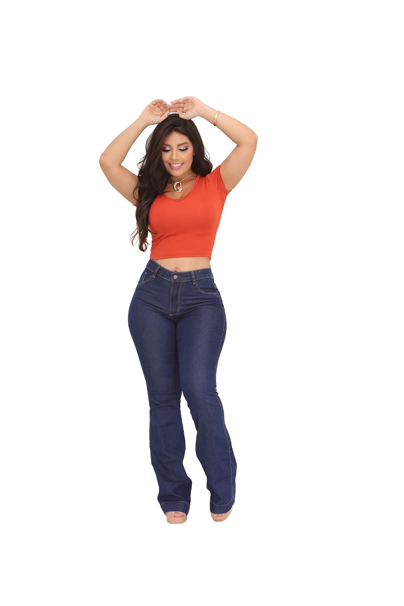 Calça Jeans Flare Feminina Cintura Alta Básica Bolsos