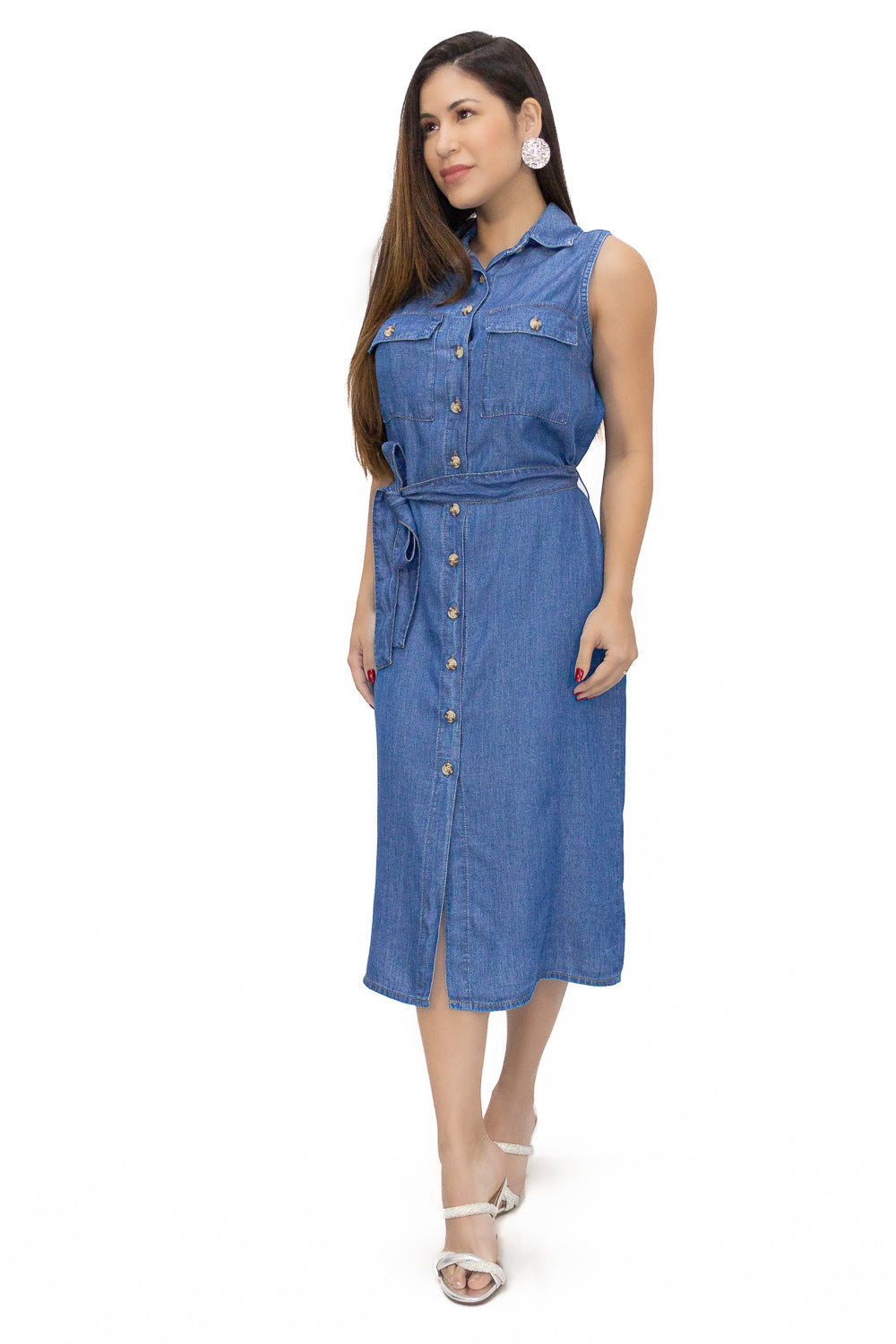 Vestido Jeans Midi com Cinto