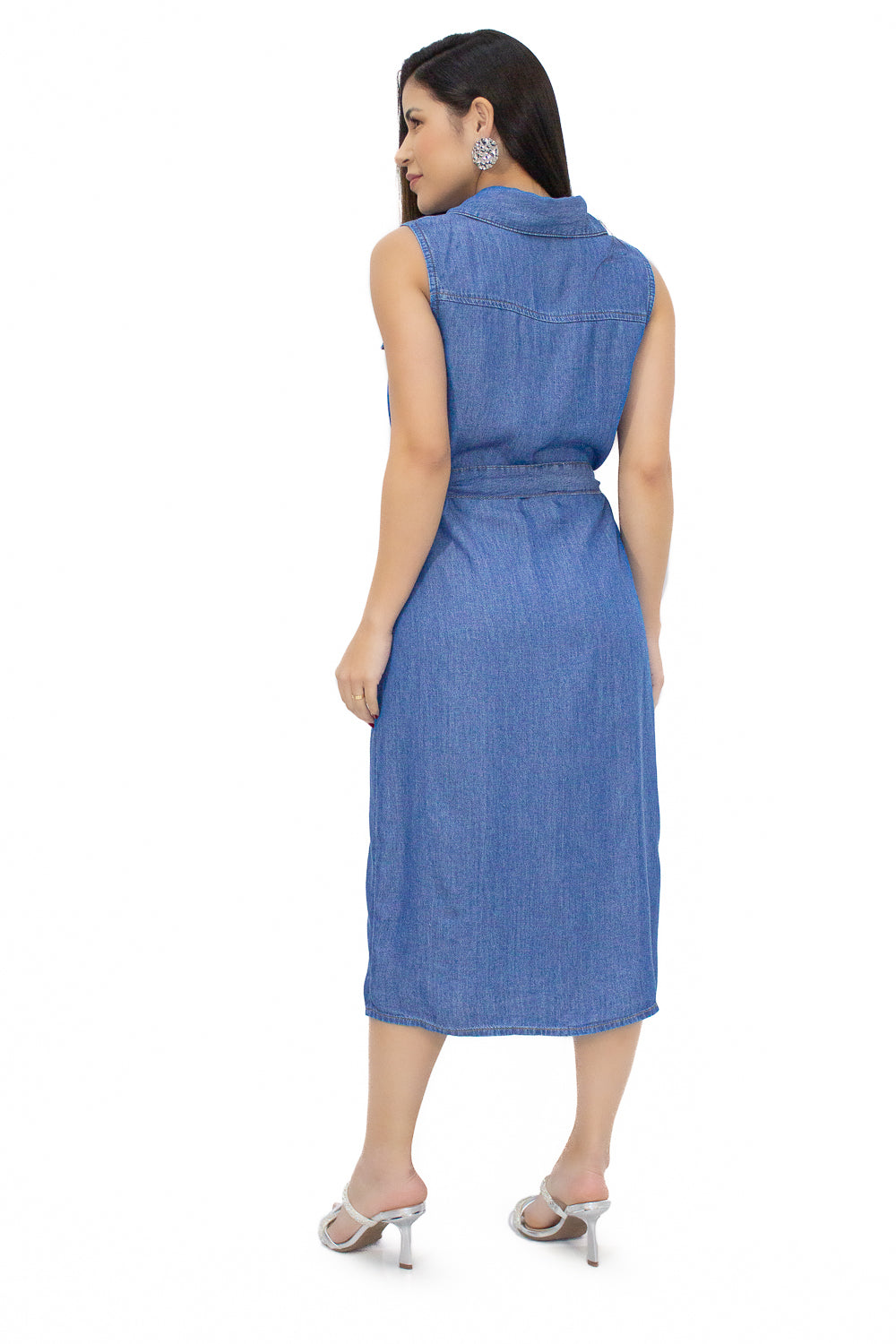 Vestido Jeans Midi com Cinto