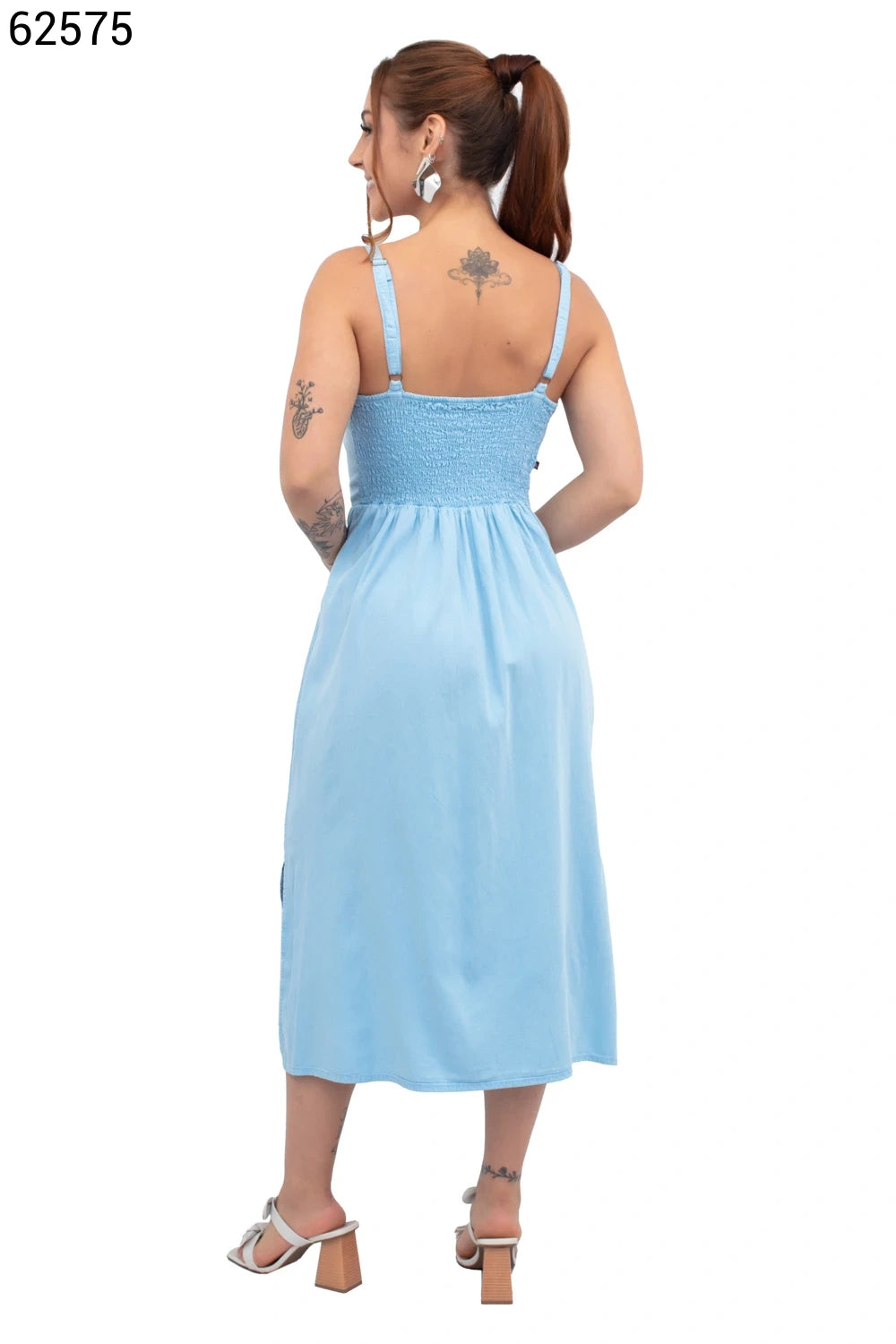 VESTIDO MIDI DECOTE V LASTEX FEMININO ALÇA CAMBOS JEANS