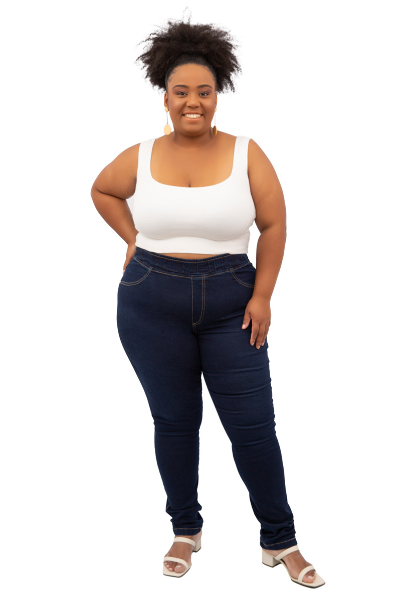 CALÇA JEGGING JEANS BÁSICA CINTURA ALTA FEMININA PLUS SIZE