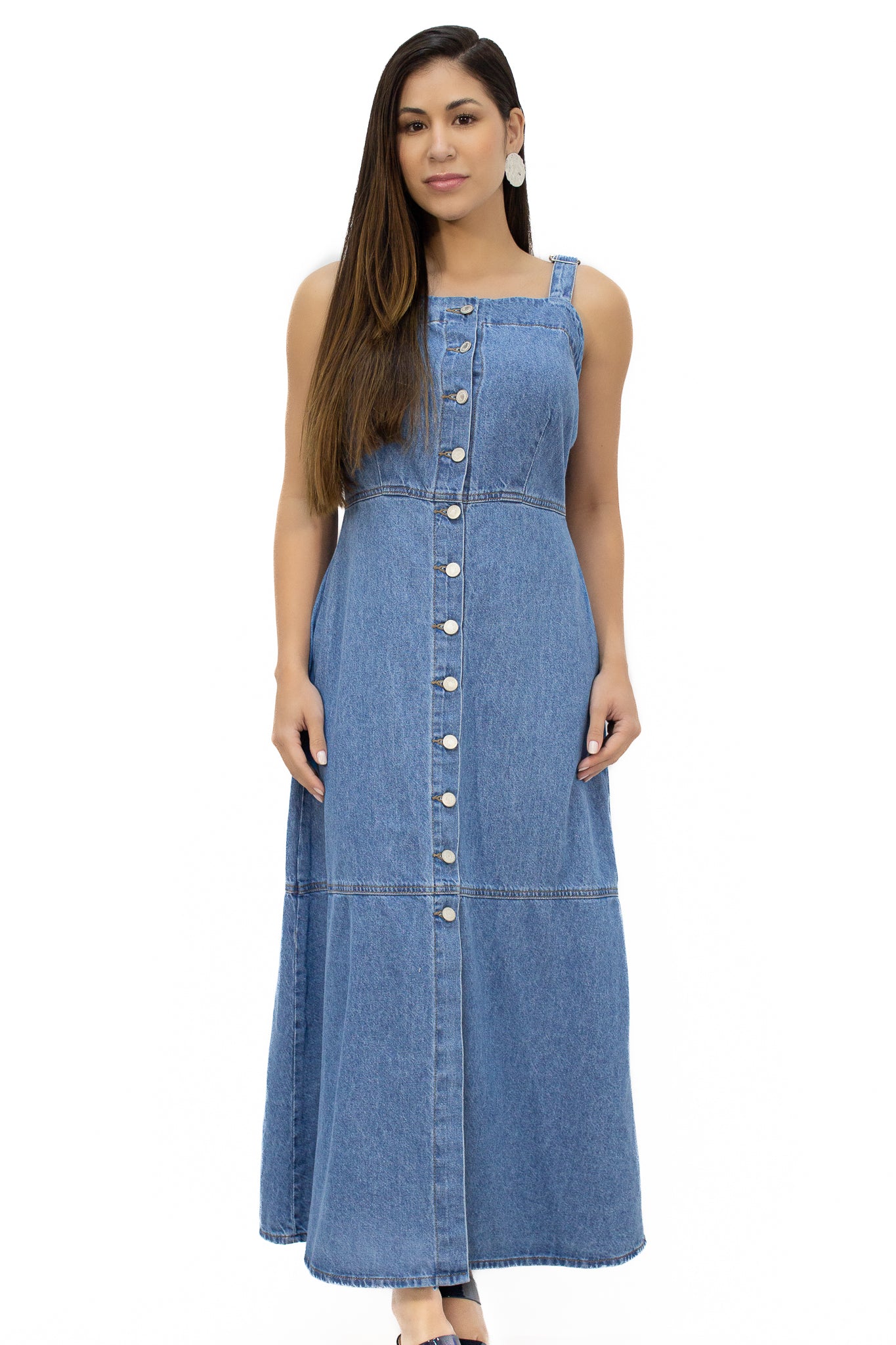 Vestido Jeans Longo com Botões Frontais