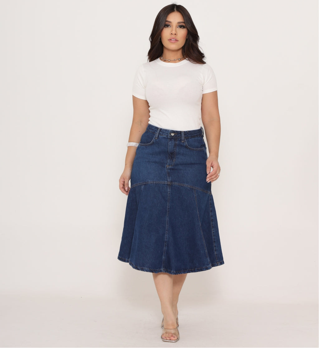 Saia Jeans Midi Evase com Recortes
