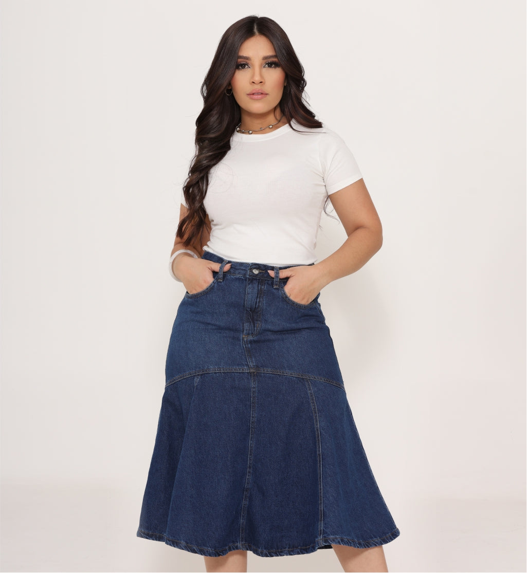 Saia Jeans Midi Evase com Recortes