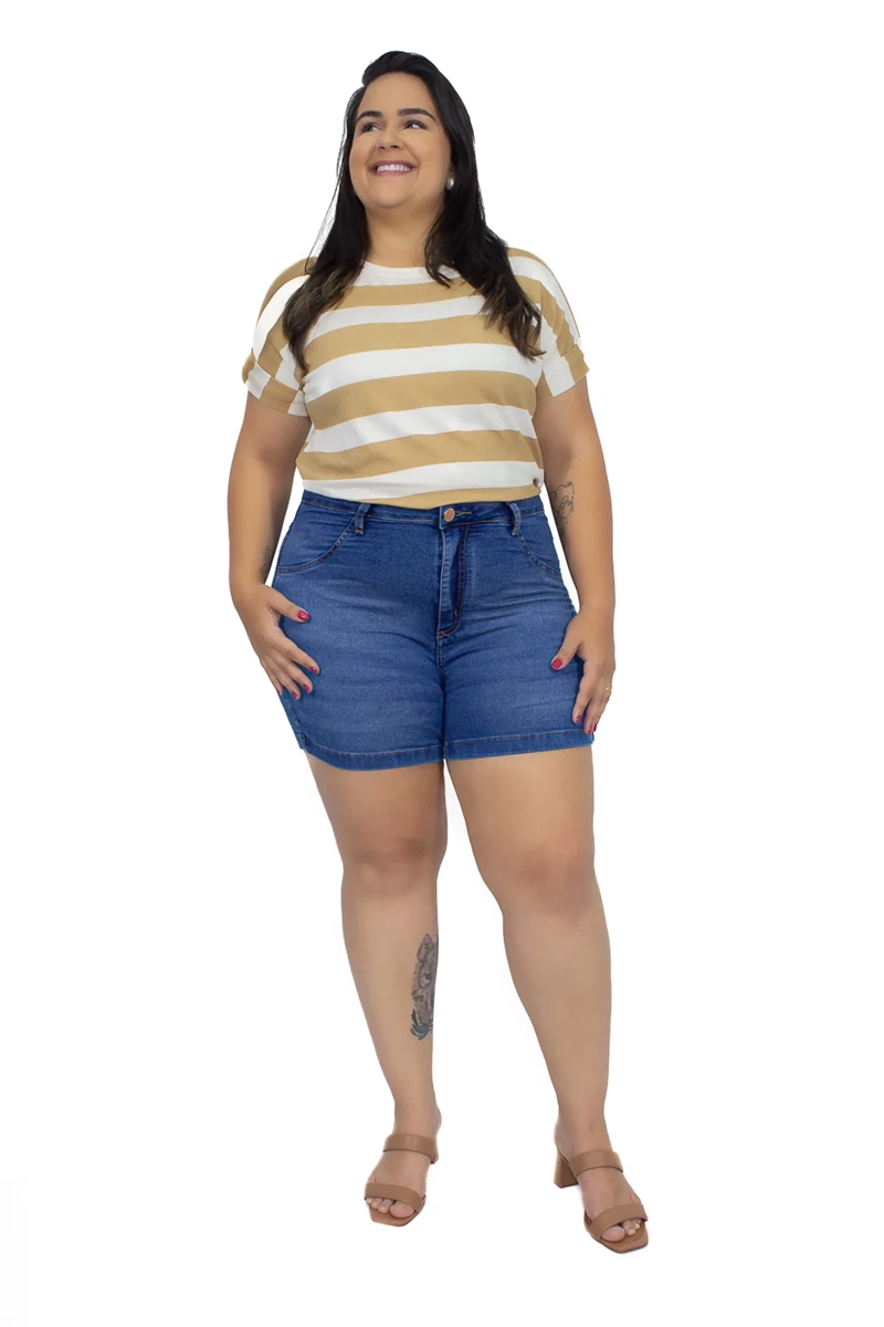 SHORTS JEANS FEMININO BÁSICO CURTO VERSÁTIL PLUS SIZE CAMBOS