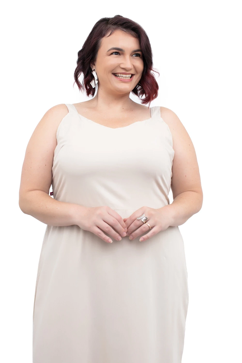 VESTIDO MIDI DECOTE V LASTEX FEMININO PLUS SIZE CAMBOS JEANS