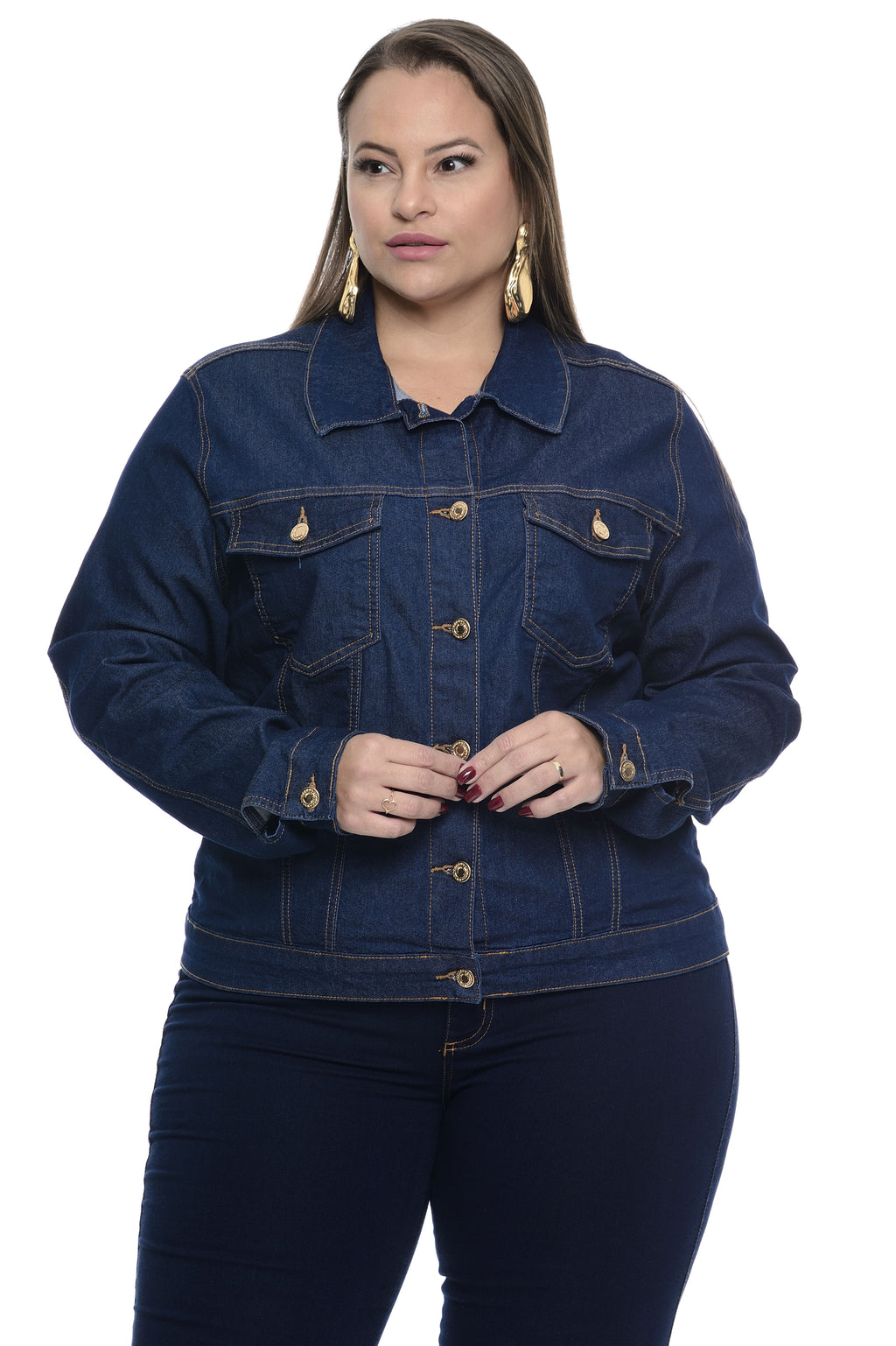 Jaqueta Feminina Plus Tradicional Com Botoes Jeans Cambos