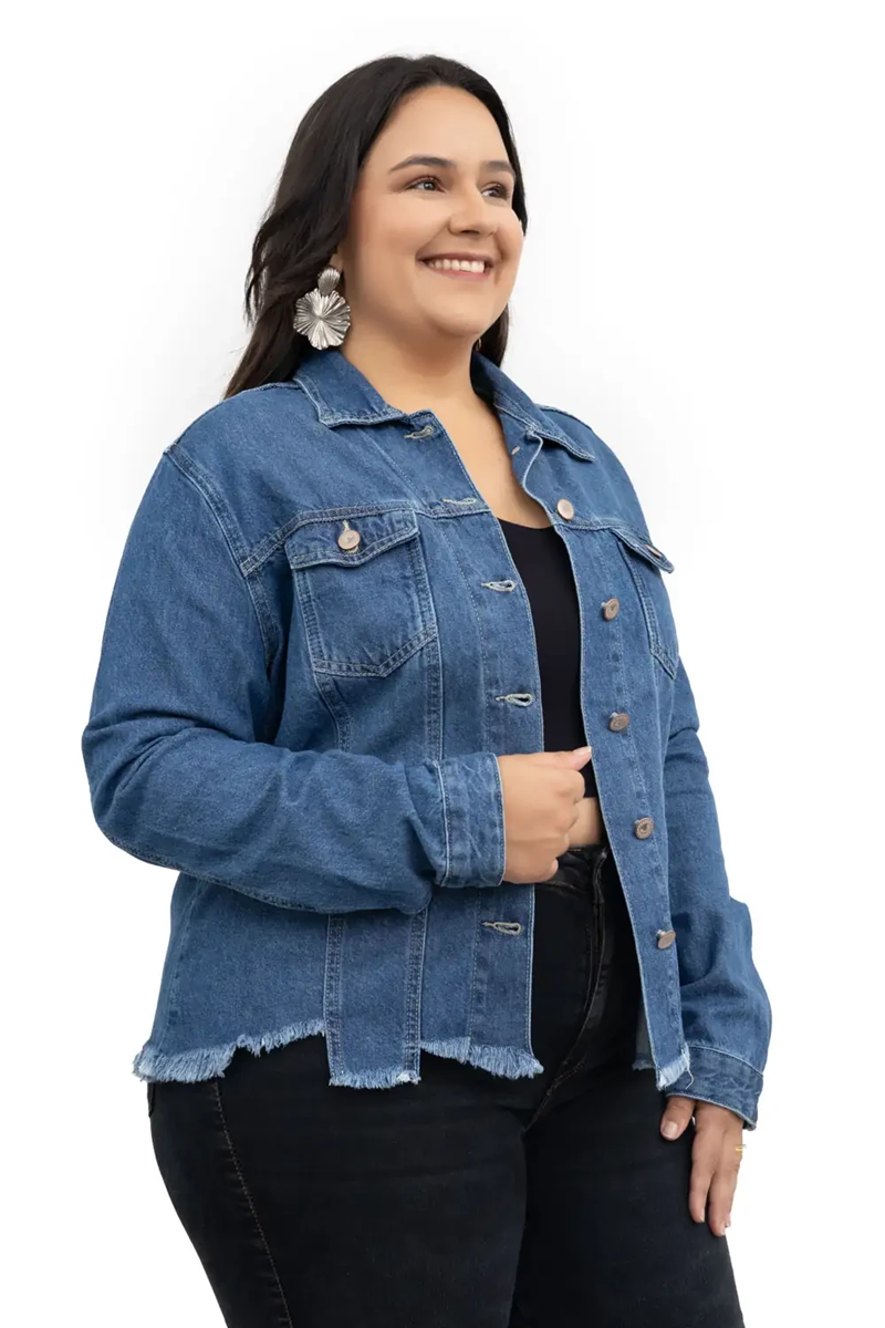 JAQUETA FEM PLUS SIZE BARRA DESIGUAL DESFIADA CAMBOS JEANS