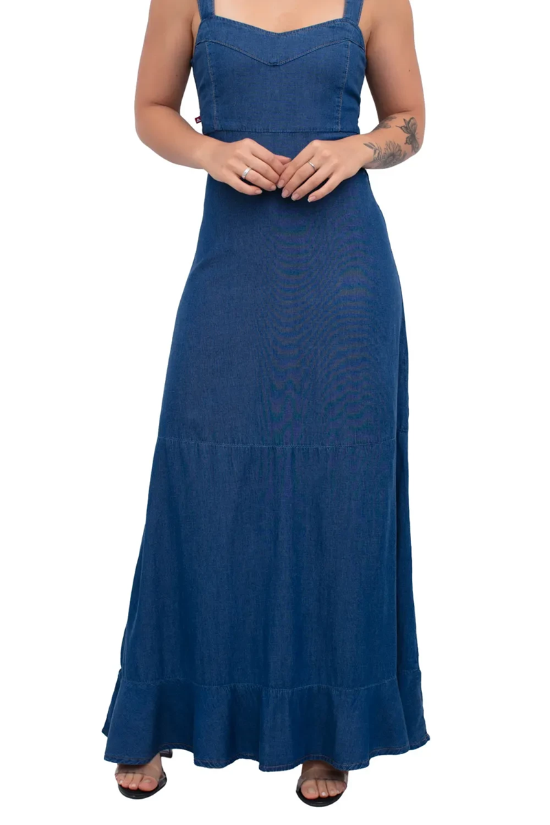 VESTIDO FEMININO LONGO ALÇA GROSSA LASTEX CAMBOS JEANS