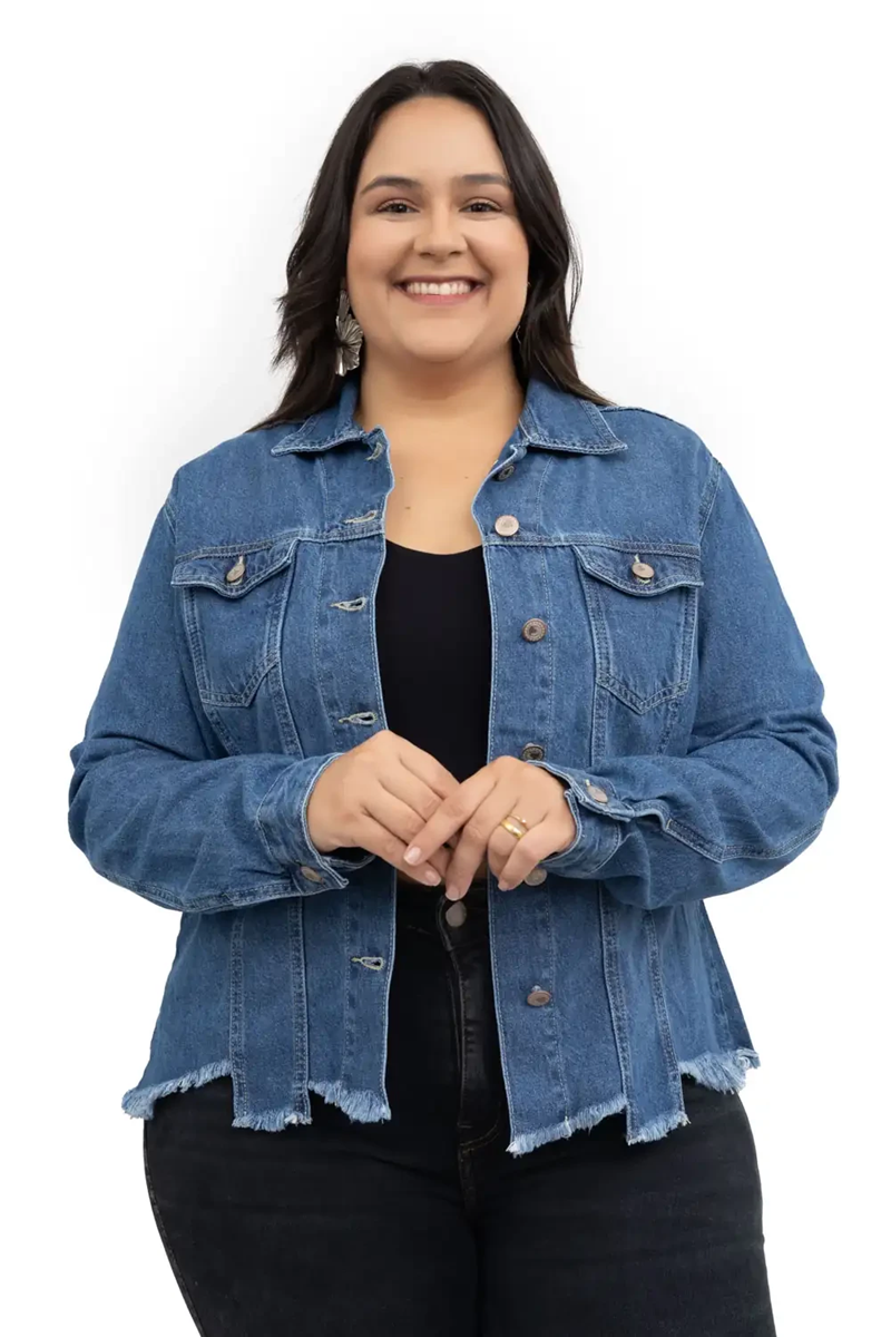 JAQUETA FEM PLUS SIZE BARRA DESIGUAL DESFIADA CAMBOS JEANS