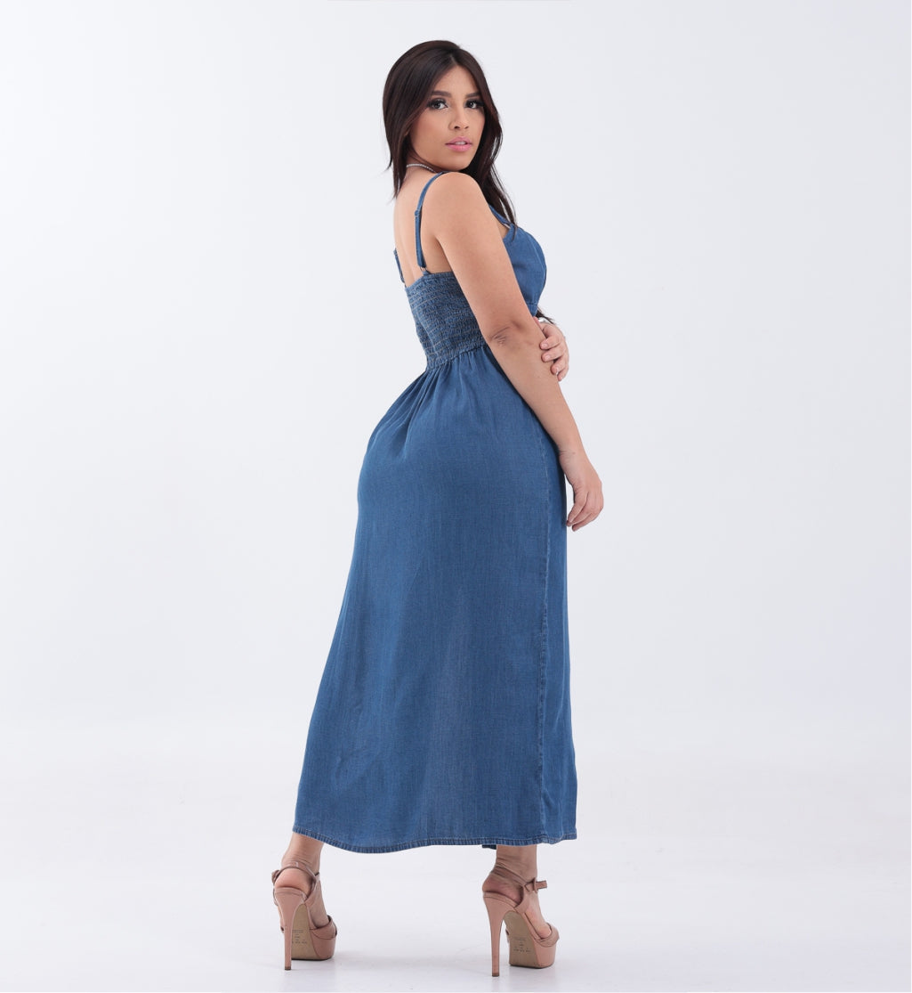 Vestido Jeans Midi com Fenda
