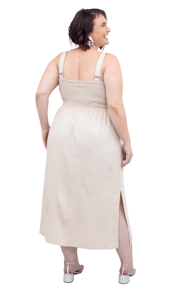 VESTIDO MIDI DECOTE V LASTEX FEMININO PLUS SIZE CAMBOS JEANS