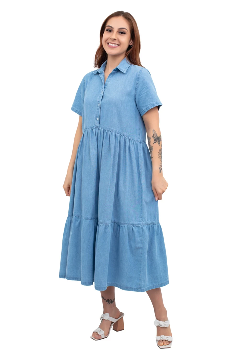 VESTIDO MIDI MARIAS DECOTE V ADULTO SARJA CLARO CAMBOS JEANS