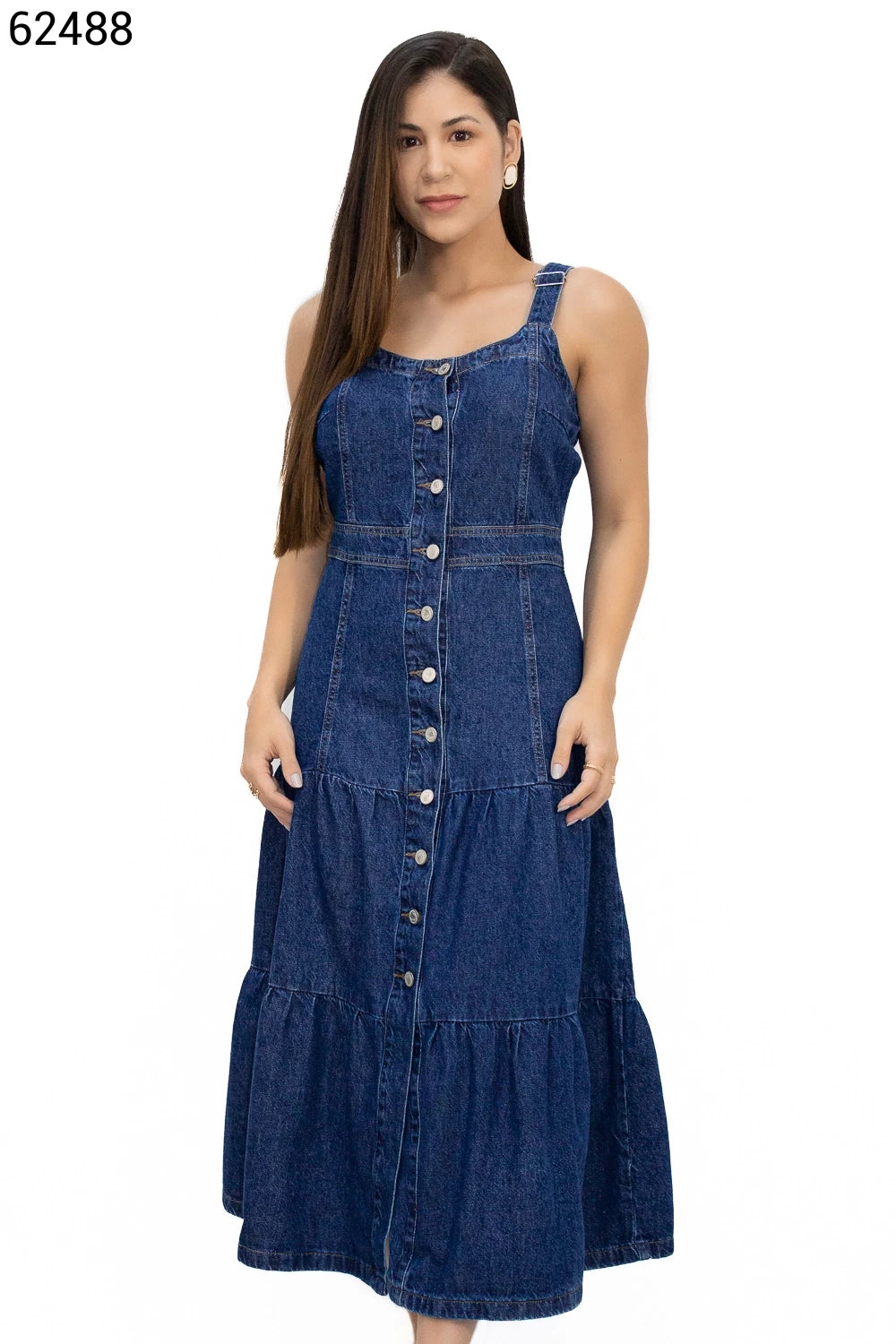 Vestido Jeans Midi Com Botões Frontais