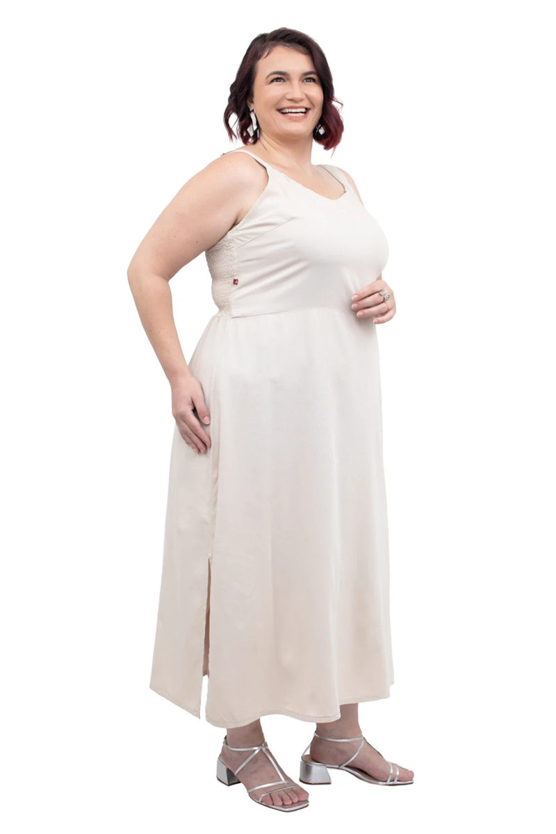 VESTIDO MIDI DECOTE V LASTEX FEMININO PLUS SIZE CAMBOS JEANS