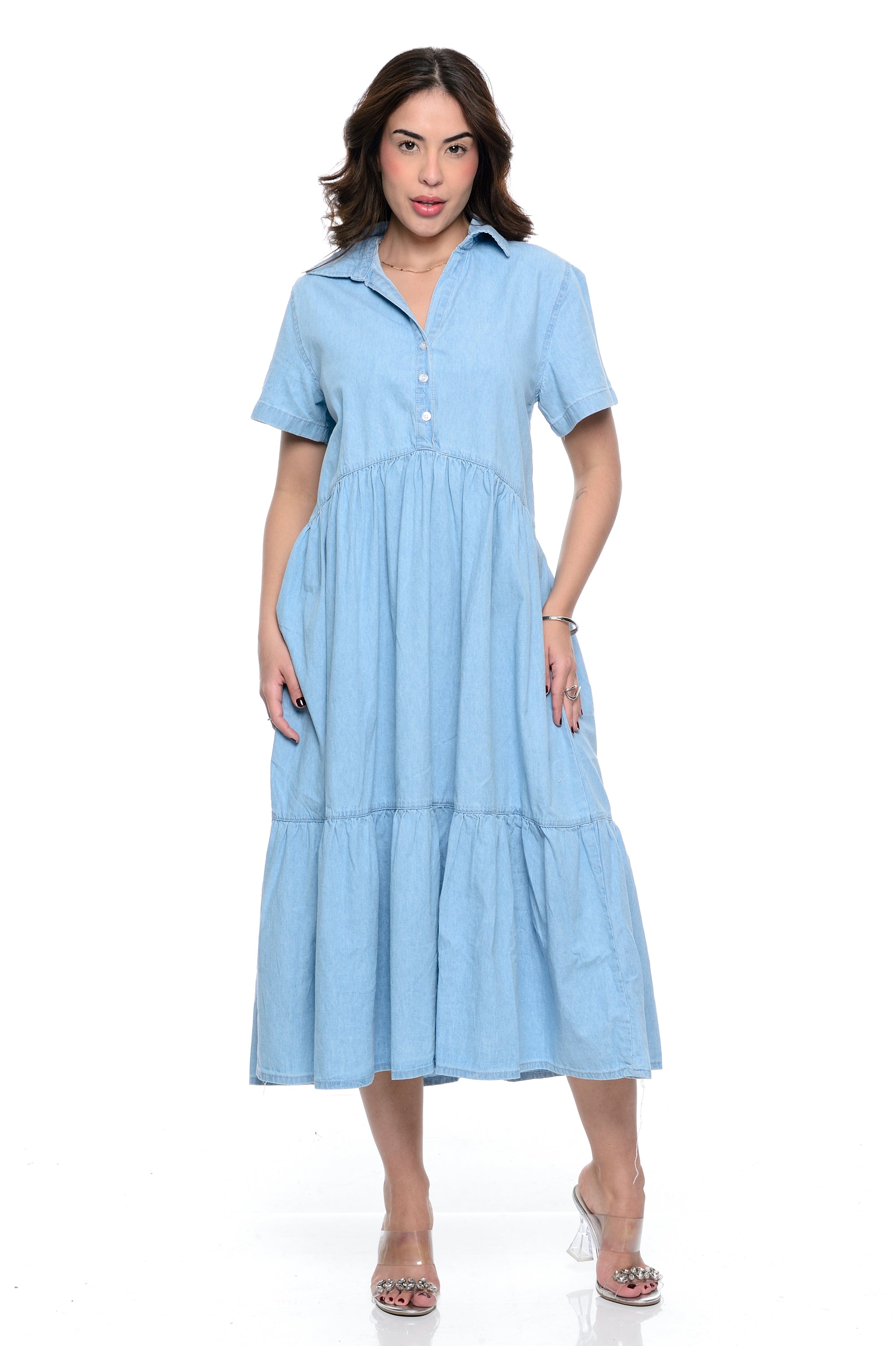 Vestido Midi Marias Decote V Jeans Claro Cambos Casual Botão