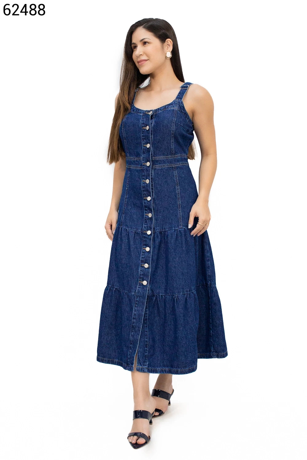 Vestido Jeans Midi Com Botões Frontais