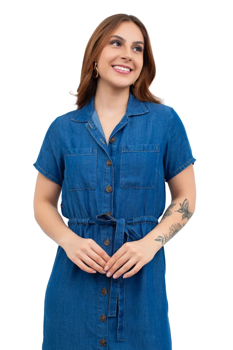 VESTIDO FEMININO CURTO CANALETA BOTÕES MANGA CAMBOS JEANS