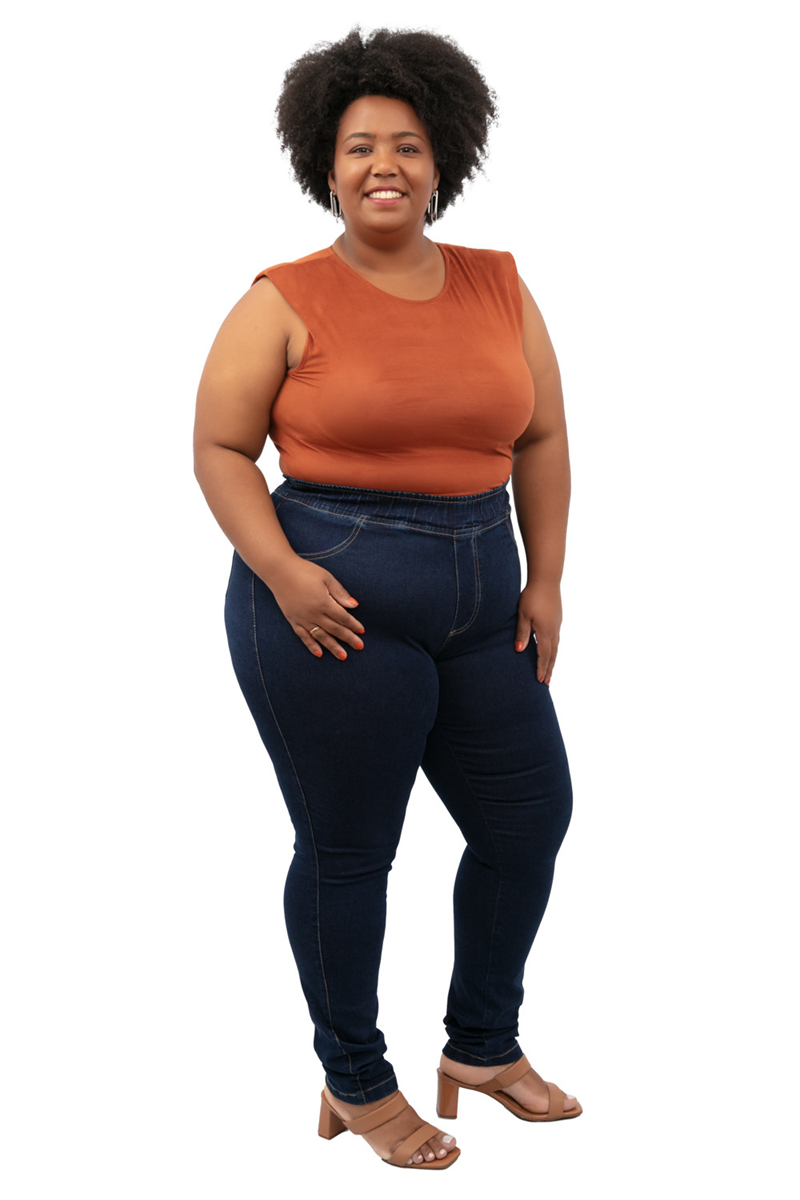 CALÇA JEGGING JEANS BÁSICA CINTURA ALTA FEMININA PLUS SIZE