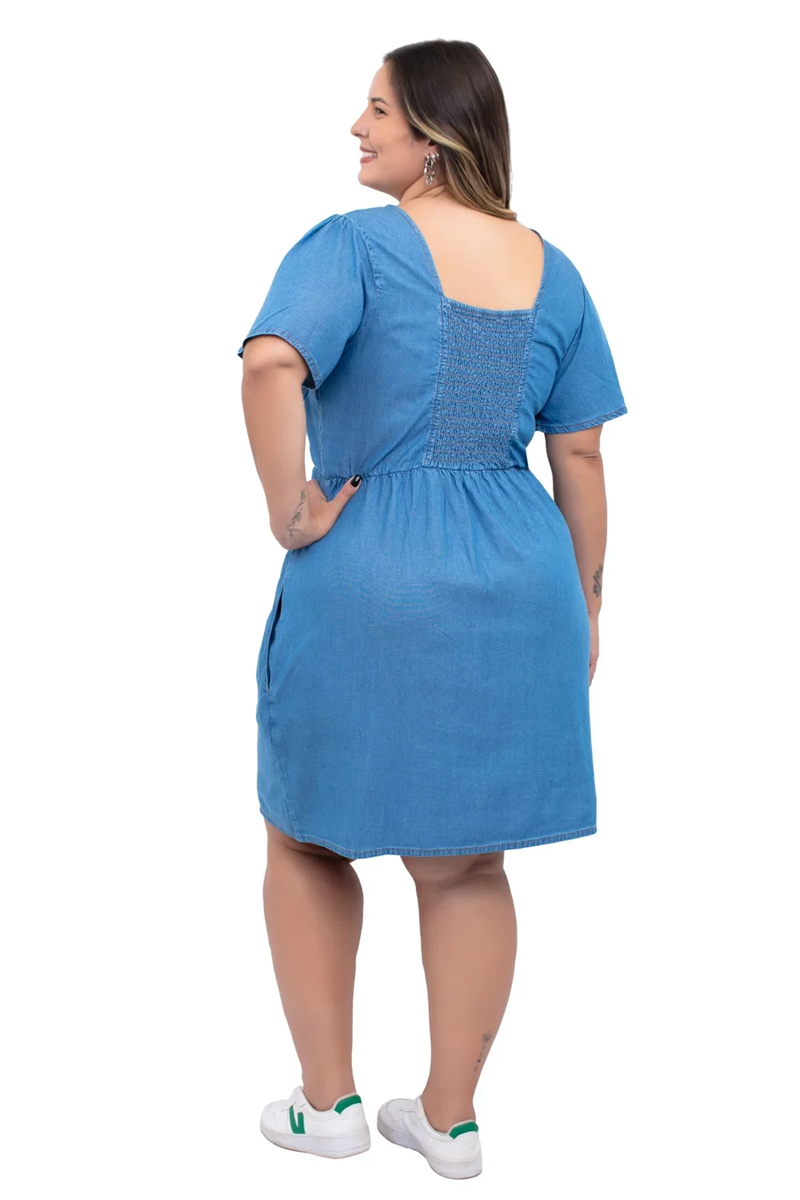 VESTIDO FEMININO PLUS SIZE CURTO BOLSO FRONTAL CAMBOS JEANS