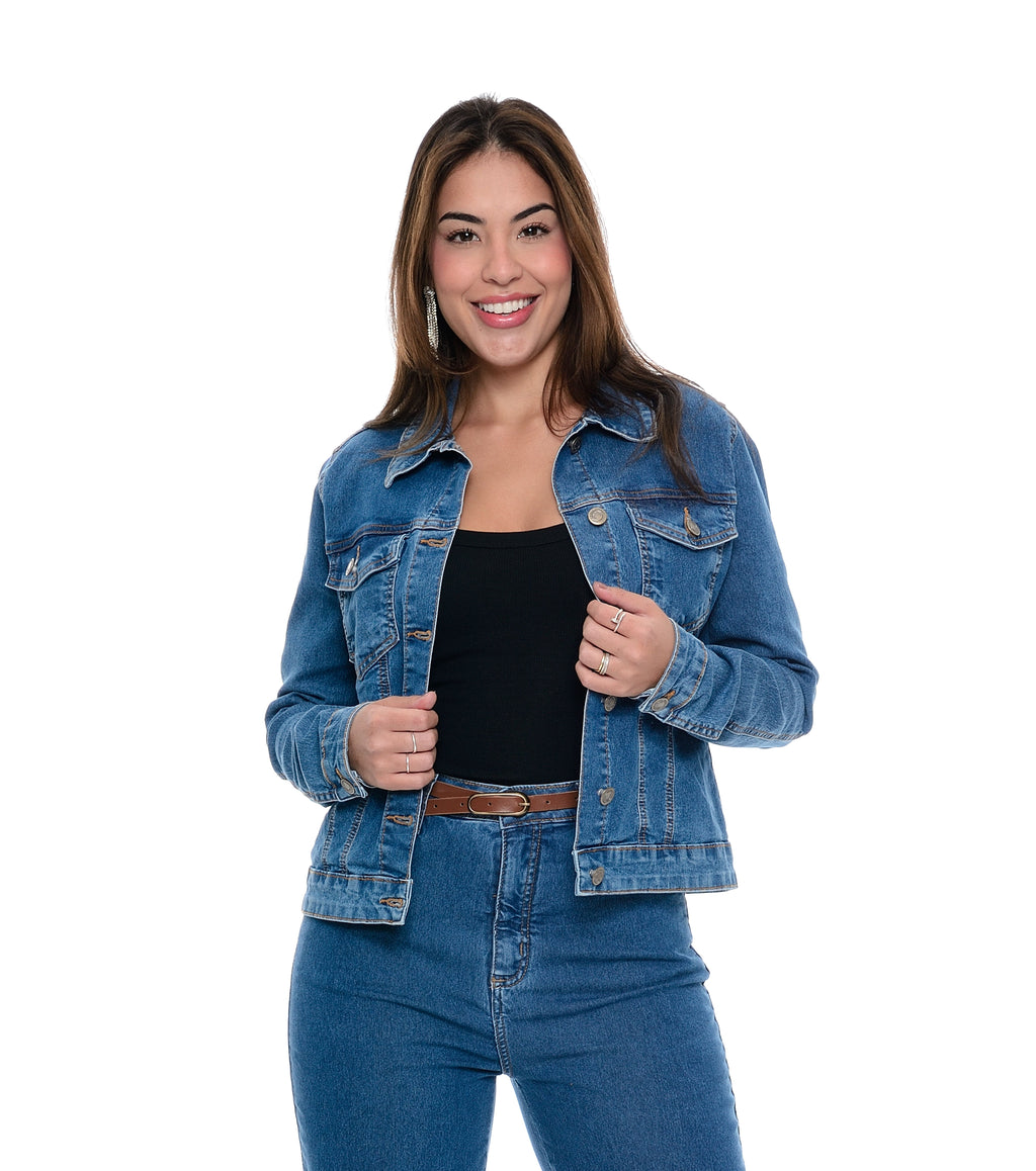Jaqueta Feminina Tradicional Com Bolso e Lapela Jeans Cambos