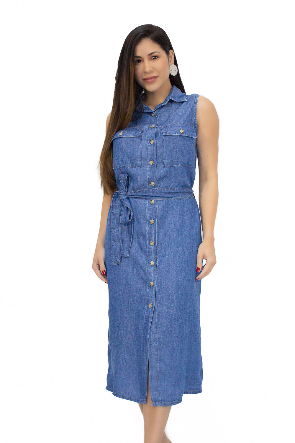 Vestido Jeans Midi com Cinto