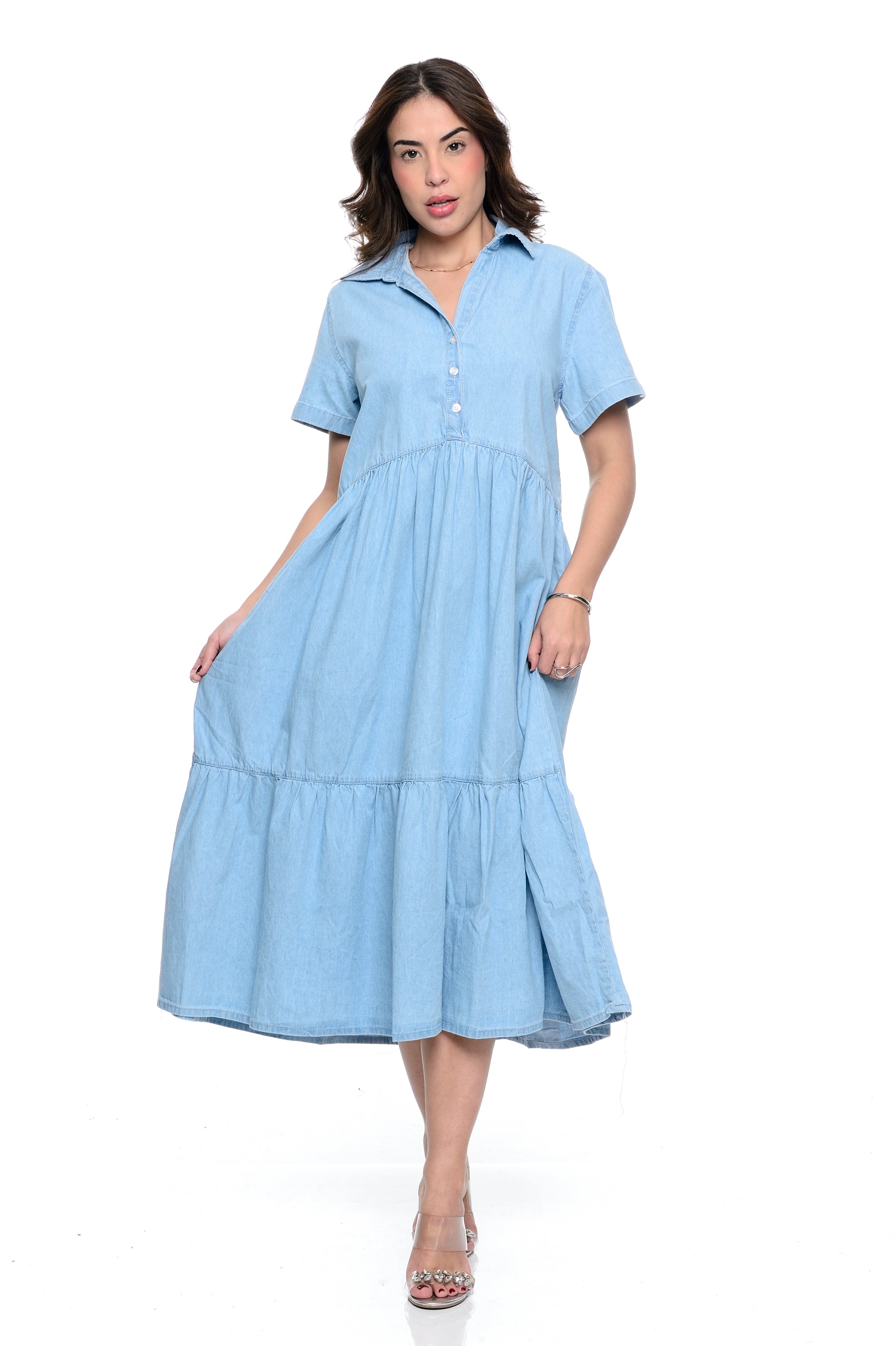 Vestido Midi Marias Decote V Jeans Claro Cambos Casual Botão