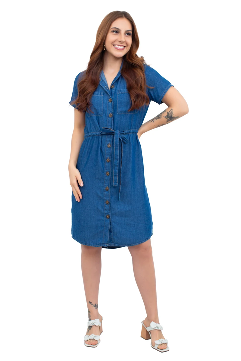 VESTIDO FEMININO CURTO CANALETA BOTÕES MANGA CAMBOS JEANS