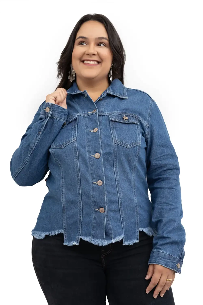 JAQUETA FEM PLUS SIZE BARRA DESIGUAL DESFIADA CAMBOS JEANS
