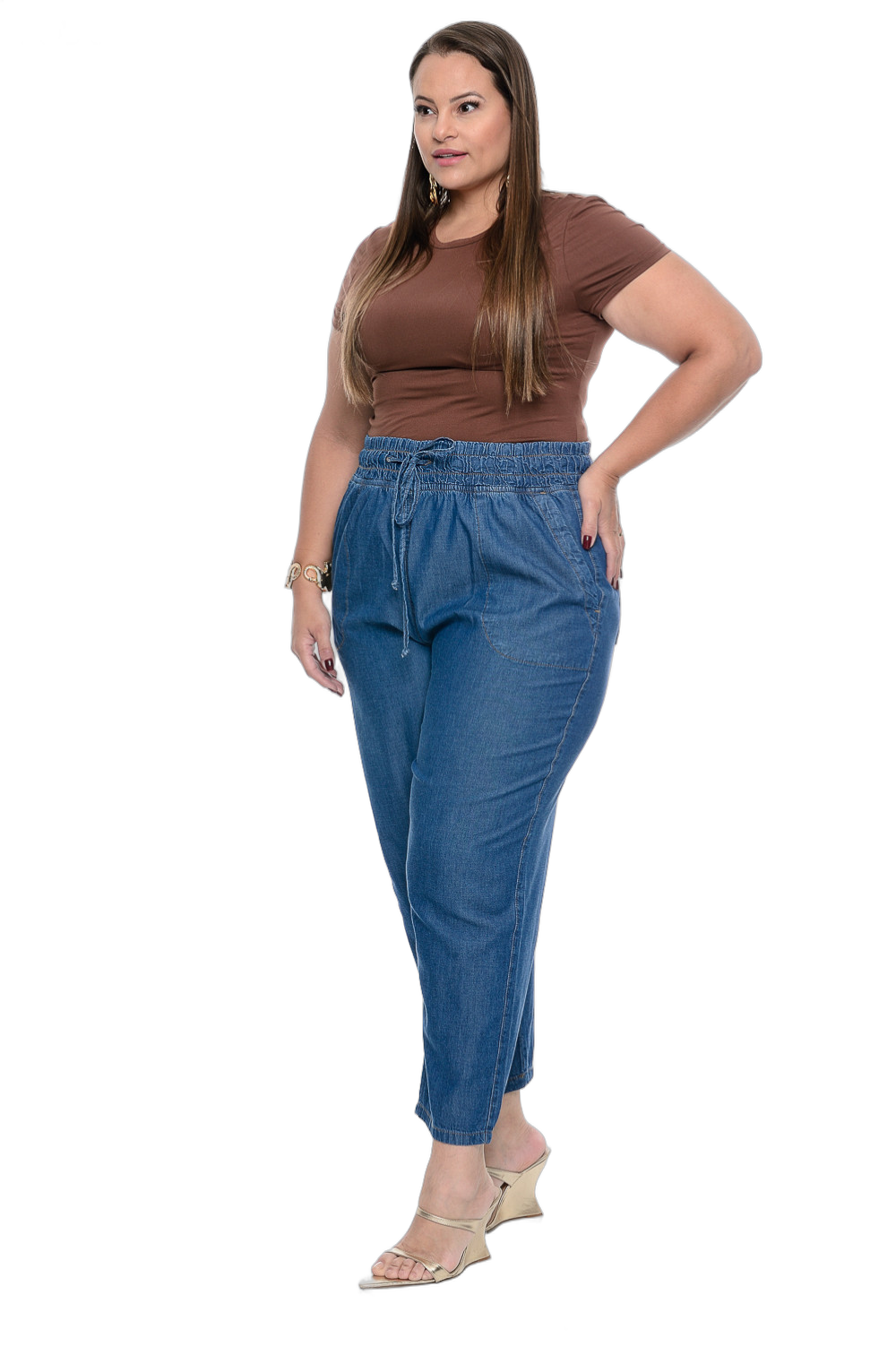 Calça Feminino Plus Size Jogger Tencel Cordão Tecido Cambos