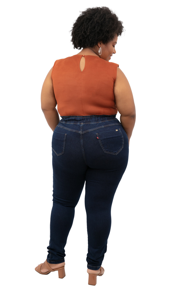 CALÇA JEGGING JEANS BÁSICA CINTURA ALTA FEMININA PLUS SIZE