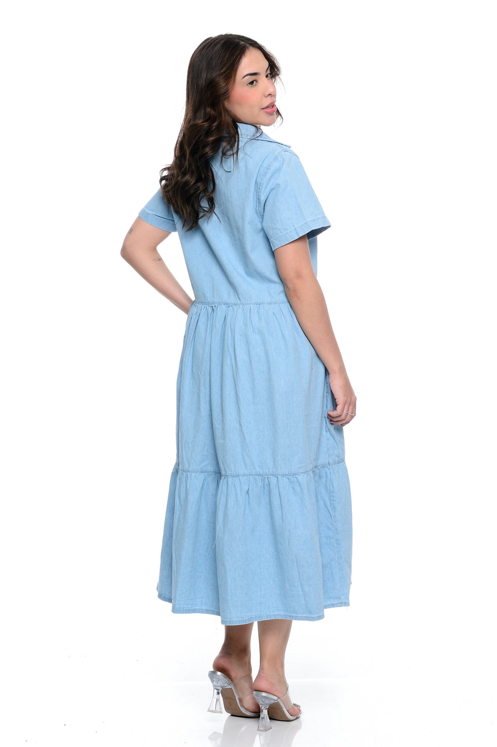 Vestido Midi Marias Decote V Jeans Claro Cambos Casual Botão