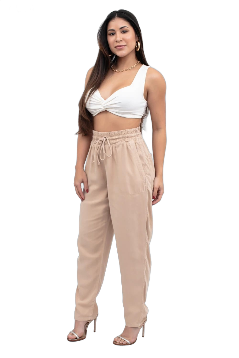 Calça Feminino Jogger  Tencel Elástico Cordão Tecido Cambos