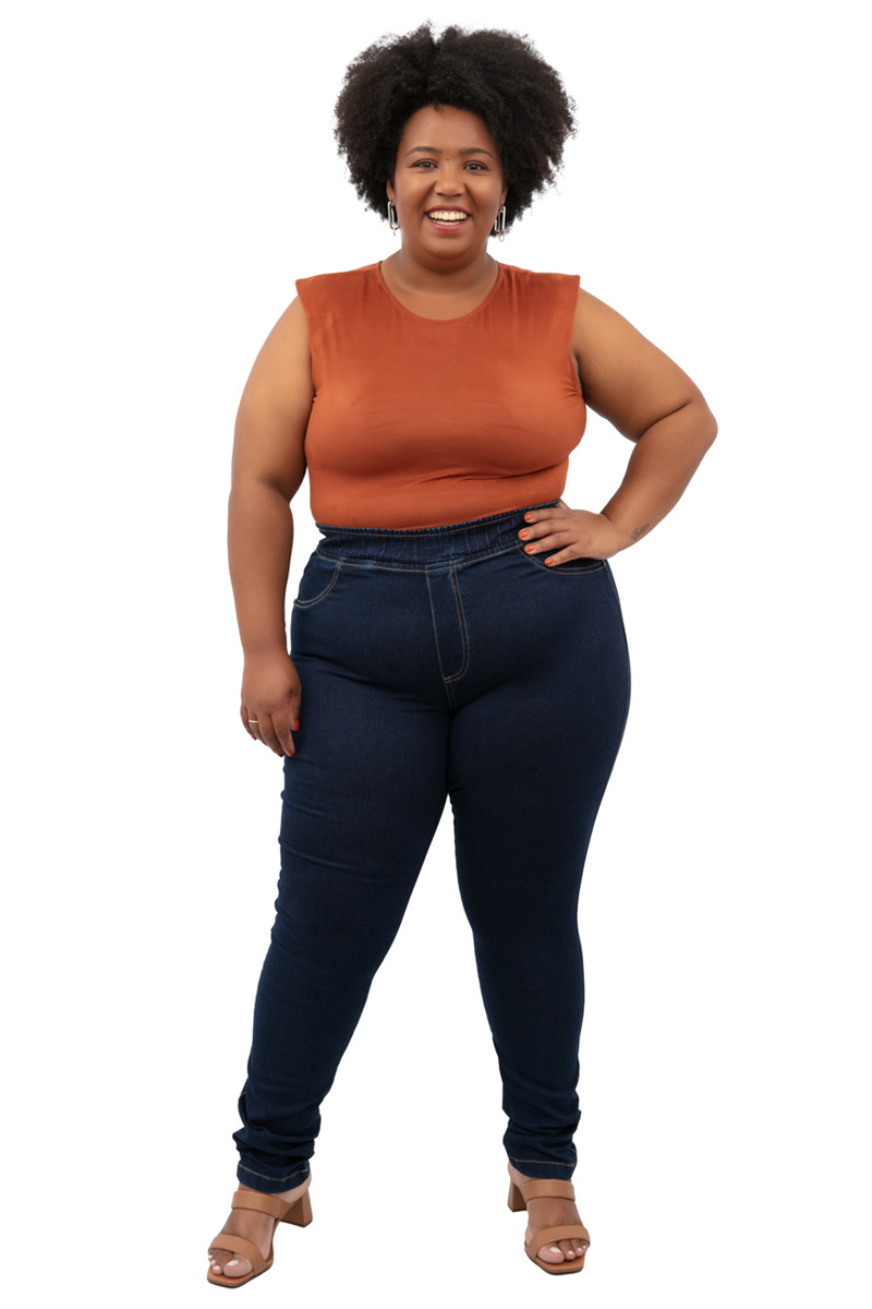 CALÇA JEGGING JEANS BÁSICA CINTURA ALTA FEMININA PLUS SIZE